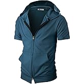 Ohoo Mens Comfortable Zip Up Hoodie Short Sleeve Lightweight Thin 100% Cotton Double Slide Zipper Jacket