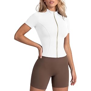 Locachy Women's Cropped Quick Dry Running Track Athletic Jacket Full Zip Short Sleeve Workout Tops Yoga Gym Active Shirt