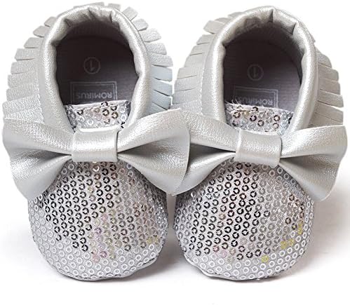 DESDEMONA Toddler Kids Unisex Silver Sequin Soft Sole Leather Baby Pre-walker Shoes (L, Silver)