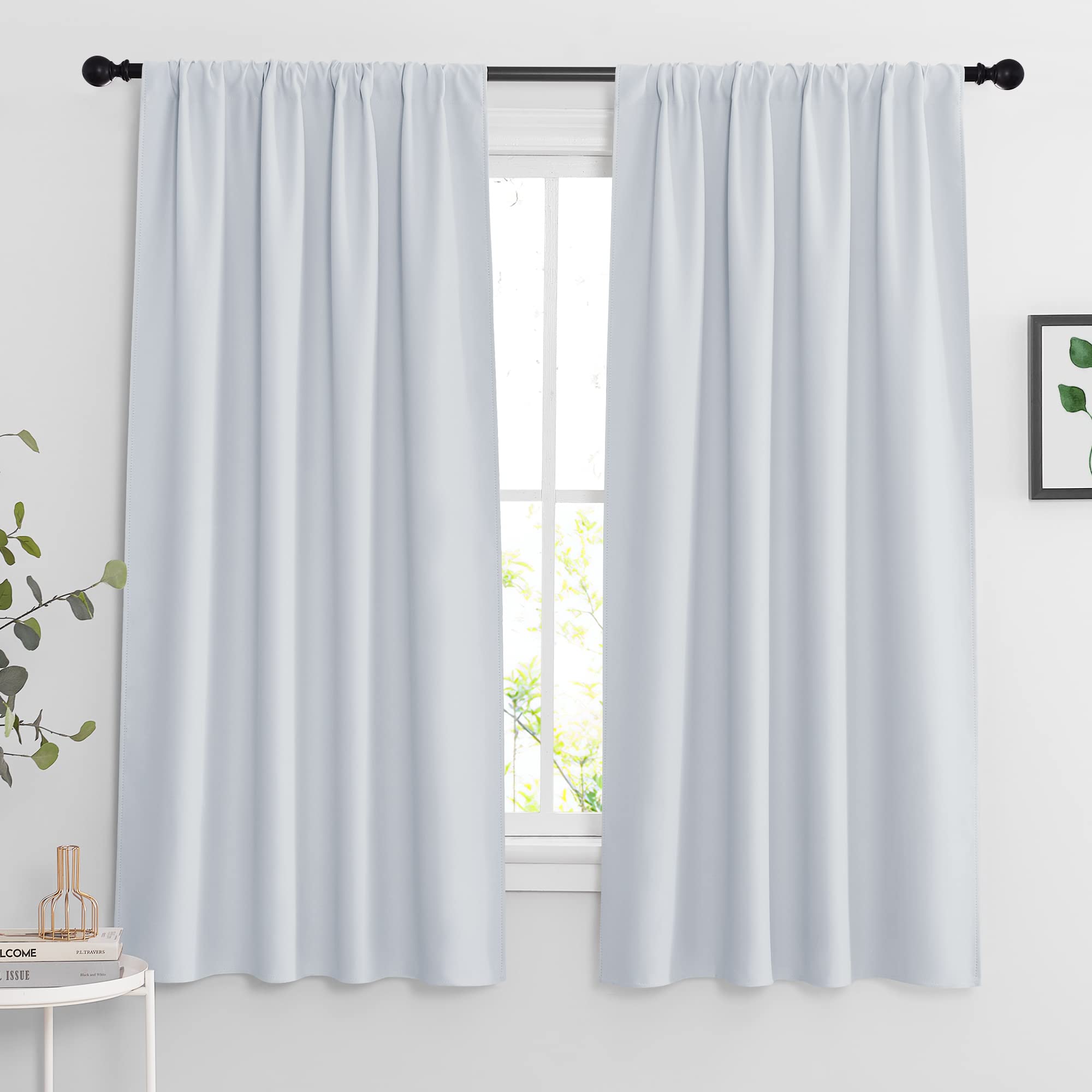 RYB HOME Blackout Curtains 63 inches Long - Energy Saving Insulation Large Window Curtain Blinds for Bedroom Living Room Dining Basement Home Office, W 62 x L 63 per Panel, Greyish White, 2 Pcs Image