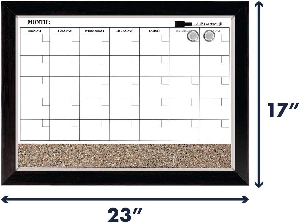 Quartet Combination Magnetic Whiteboard Calendar & Corkboard, 17" x 23" Combo Dry Erase White Board & Cork Bulletin Board, Perfect for Office, Home School Message Board, Wood Frame (22476) : Wall Calendars : Office Products