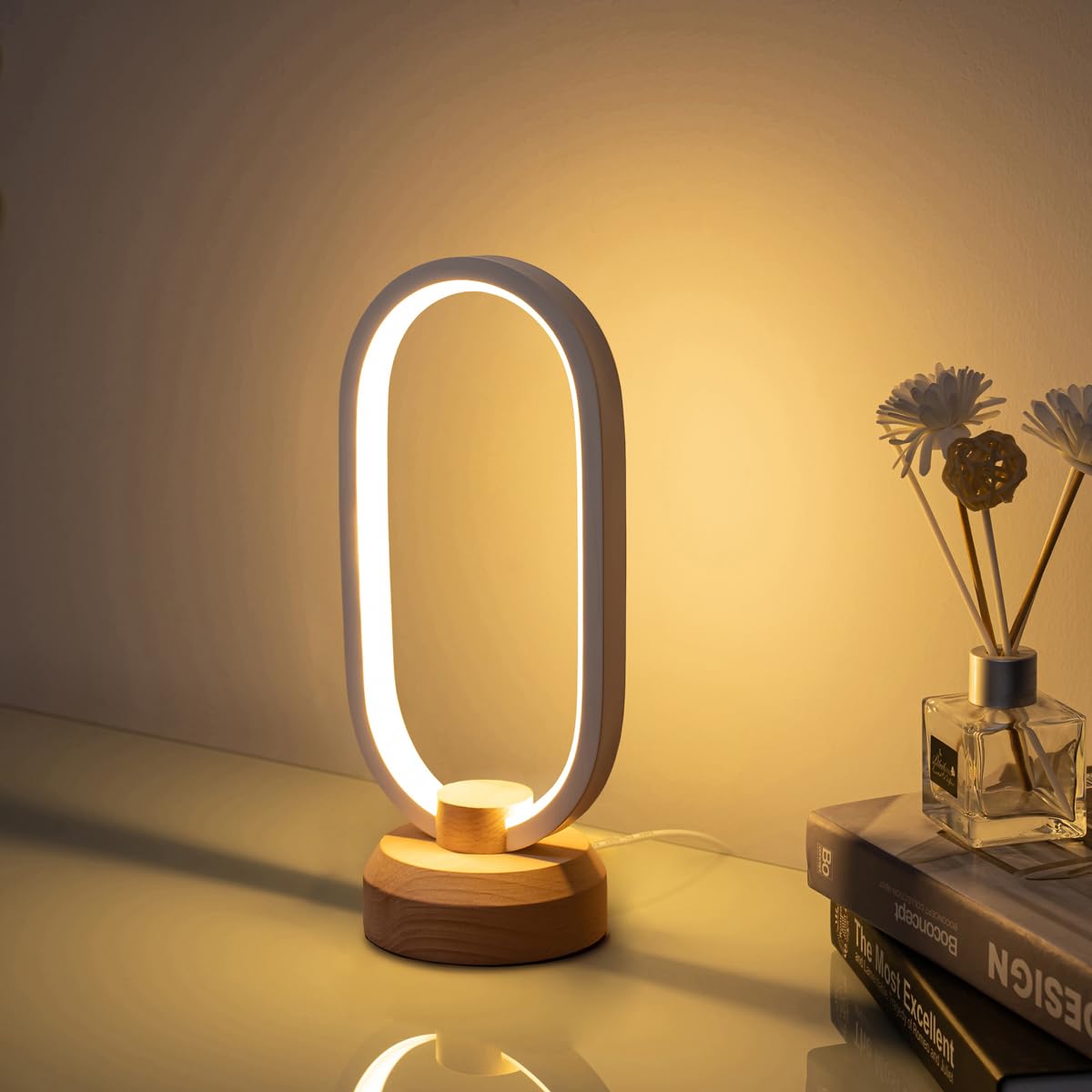 BASRAE Bedside Lamps Modern LED Slim Nightstand Table Lamps for Bedroom, 3 Colour Temperature Night Table Light with Cable,Oval Warm White Dimmable Lamp for Living Room Home Deco