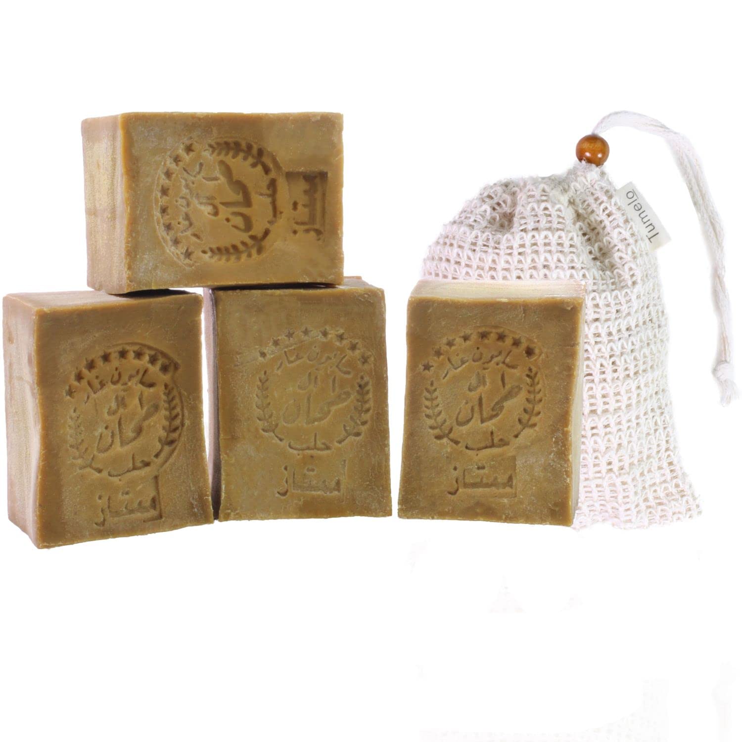 TUMELO Original Aleppo Soap 4 x 200g (800g) 90% Olive Oil 10% Laurel Oil + Soap Pouch - Handmade Olive Oil Soap - Natural Soap - Solid Hair Soap/Shower Soap
