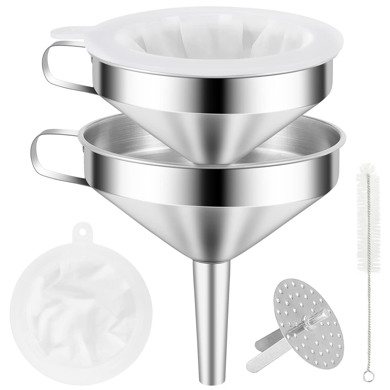 Aukiita Stainless Steel Funnel, Kitchen Strainer Funnel Filter Set With Handle & Detachable Strainer & 300 Mesh Filter for Transferring Liquids, Oil, Making Jam