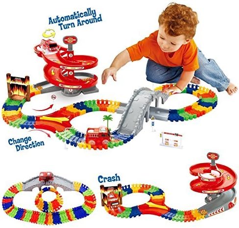 GAMZOO Tracks Toy Set for 2,3,4 Years Old Boys and Girls with 96 PCS Flexible Race Track, Fire Truck Vehicles, Spiral Track and Bridge Firehouse Toys Christmas and Birthday Gifts