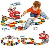 GAMZOO Tracks Toy Set for 2,3,4 Years Old Boys and Girls with 96 PCS Flexible Race Track, Fire Truck Vehicles, Spiral Track and Bridge Firehouse Toys Christmas and Birthday Gifts