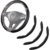 Car Steering Wheel Cover Leather Snap On 3Pcs Set Non-Slip Protector Wrap Steering Wheel Accessories 14.5-15 inch Universal Black