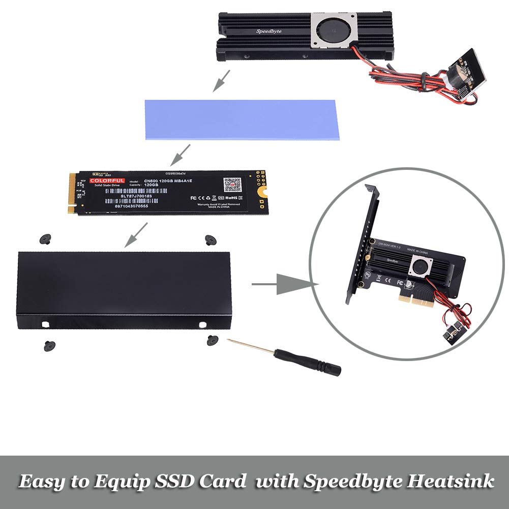 Speedbyte M.2 PCIe Adapter with M2 SSD Fan Cooler Heatsink. M2 NVME (M Key) 2280 2260 2242 2230 to PCIe 3.0 x 4 Adapter Host Controller Expansion Card Low Profile Bracket for Motherboard PCI Express