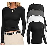 Ekouaer 4 Pack Women's Long Sleeve Basic Shirts Fitted Workout Tops Athletic Underscrubs Undershirts XS-XXL