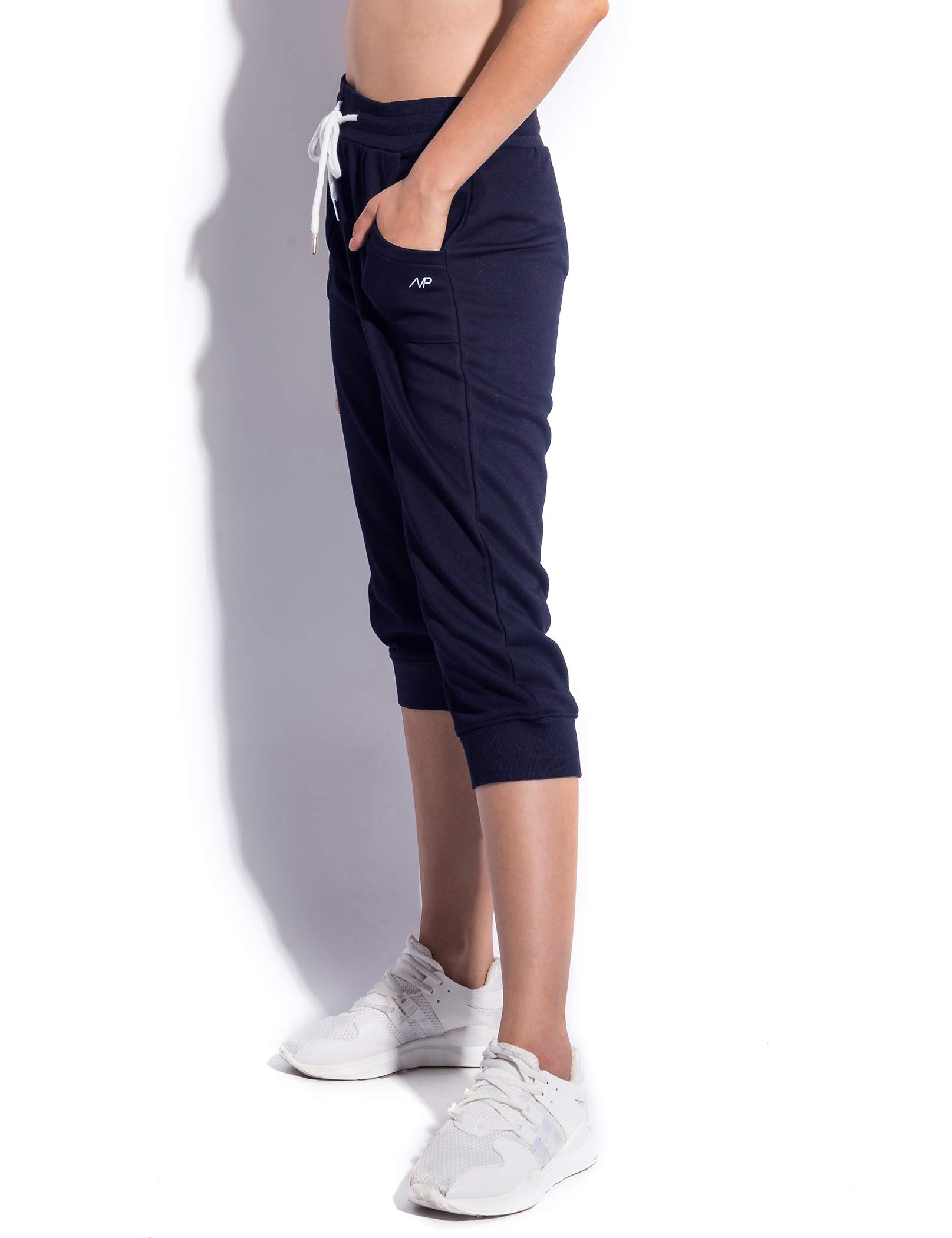 SPECIALMAGIC Women\'s Cotton Jersey Cropped Jogger Sweatpants with Drawstring and Pockets Navy S