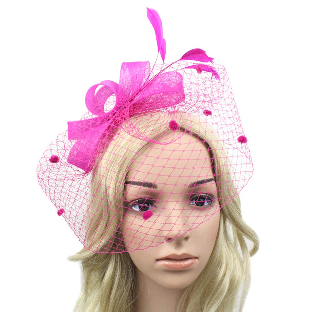 Yishik Women\'s Bowknot Feather Cocktail Party Veil Fascinator Hair Clip Hat (Rose Red)