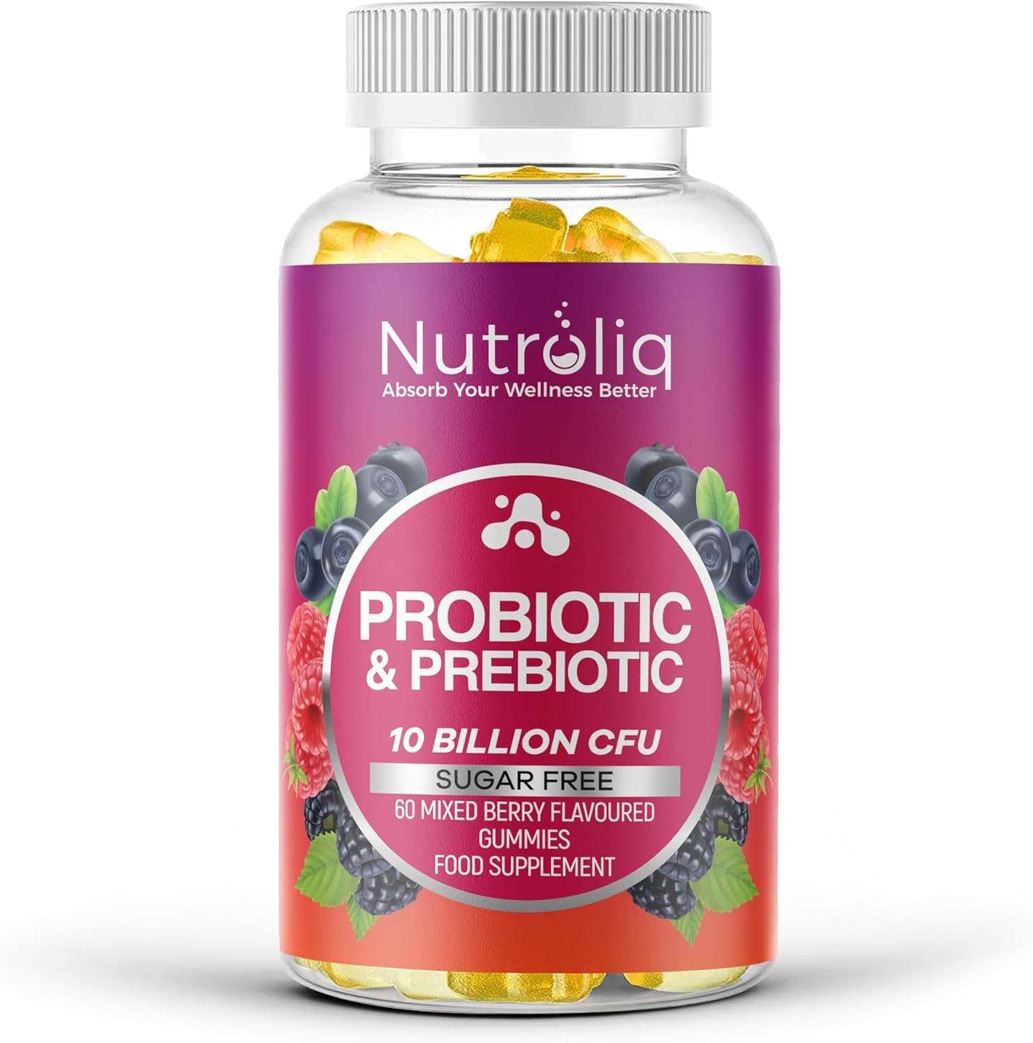 Nutroliq Prebiotic & Probiotic Sugar-Free Gummies - Gut Health Supplements for Women, Men, Kids to Support Digestive System, Immune System Booster - 10 Billion CFU Per Serving, Vegan - 60 Gummies