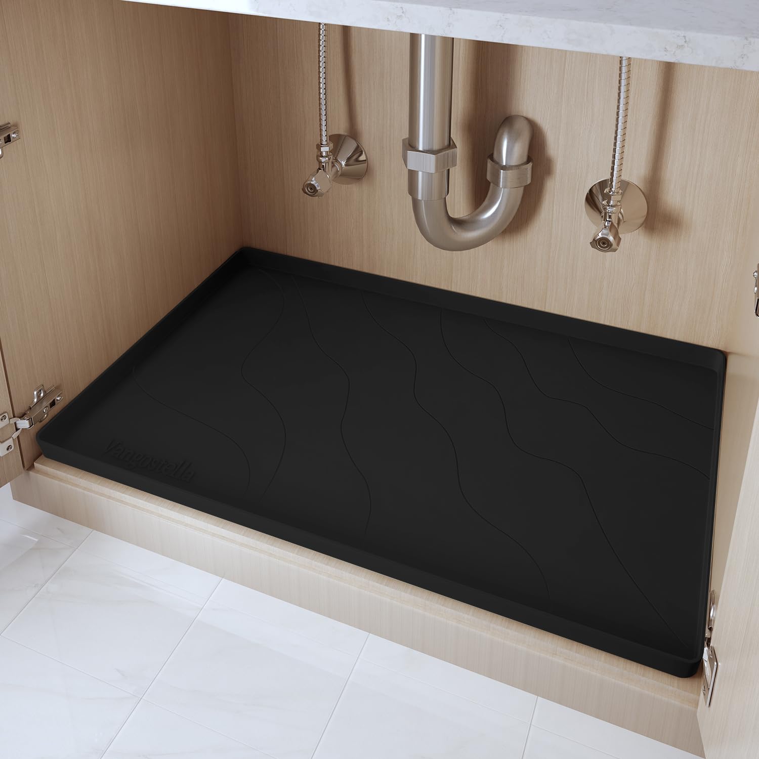 Vangostella Heavy Duty Silicone Under Sink Mats for Kitchen Waterproof 37" x 19", Extra Thick Under Sink Rubber Mat Drip Tray, Raised Edge Under Sink Liner,Prevent Drips, Leaks, Spills,Black Image