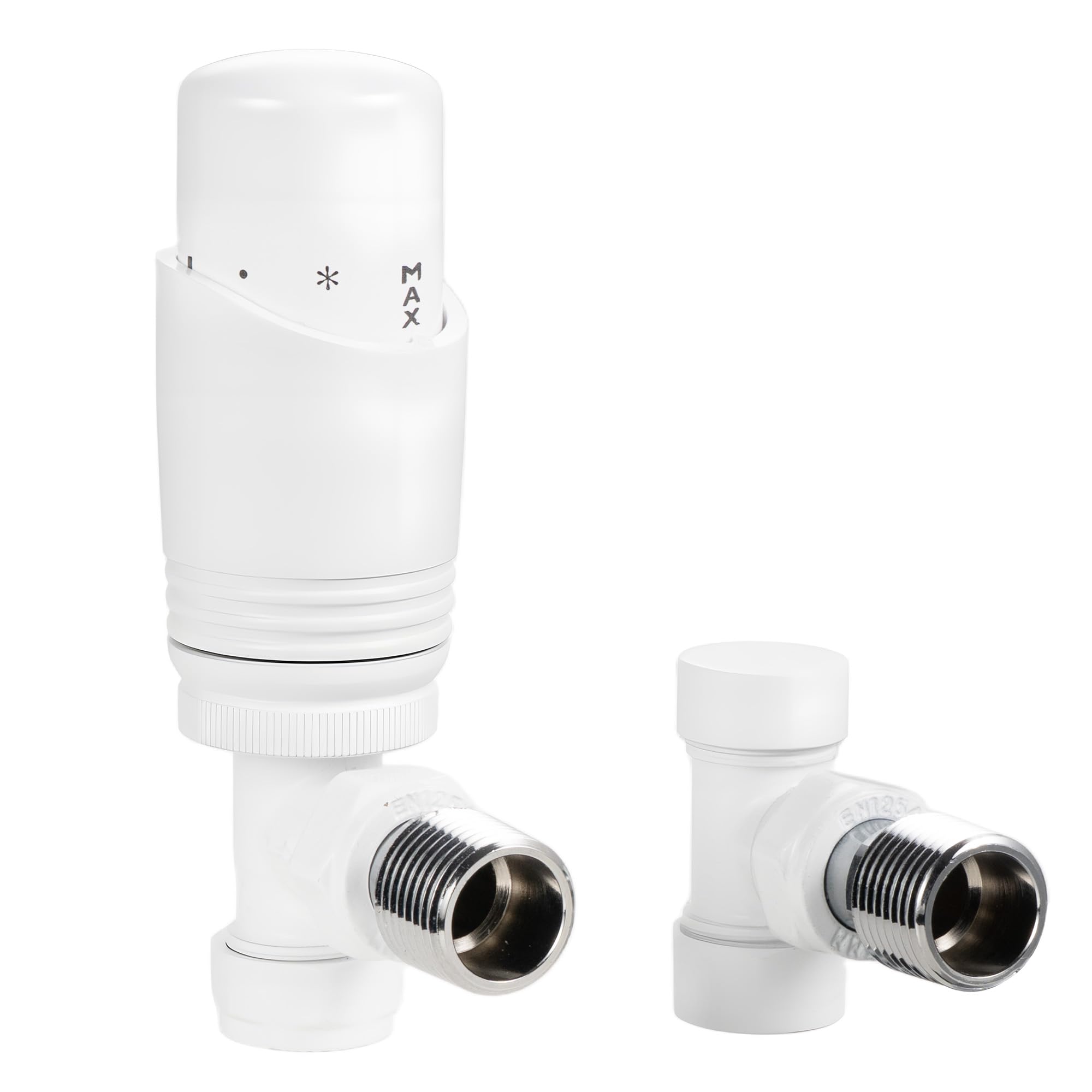 VANCOCO Glossy White Thermostatic Radiator Valve 1/2"×15mm Angled with Lockshield, Thermostat TRV Set, H62 Brass, Energy Saving