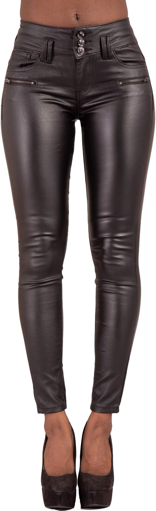 Womens Black Leather Look Trousers High Waist Slim Fit Skinny Butt Lifting Jeans