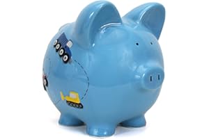 Child to Cherish Ceramic Piggy Bank for Boys, Construction Trucks, Blue