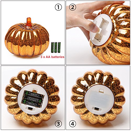 denlix Mercury Glass Pumpkins Lights, 5.5 Inches Decorative Pumpkin Decor, Battery Operated with Timer, Fall Autumn Tables Centerpieces Decoration for Home - Thumbnail 5