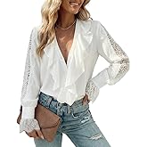 CHICME Women’s V Neck Button Down Shirt Long Sleeve Chic Blouse Top with Lace Patchwork Ruffle Detail