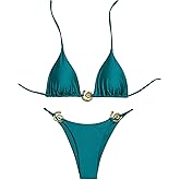 Milumia Women's Two Piece Triangle Halter Swimsuit Metal Decor Cheeky Thong Bikini Set