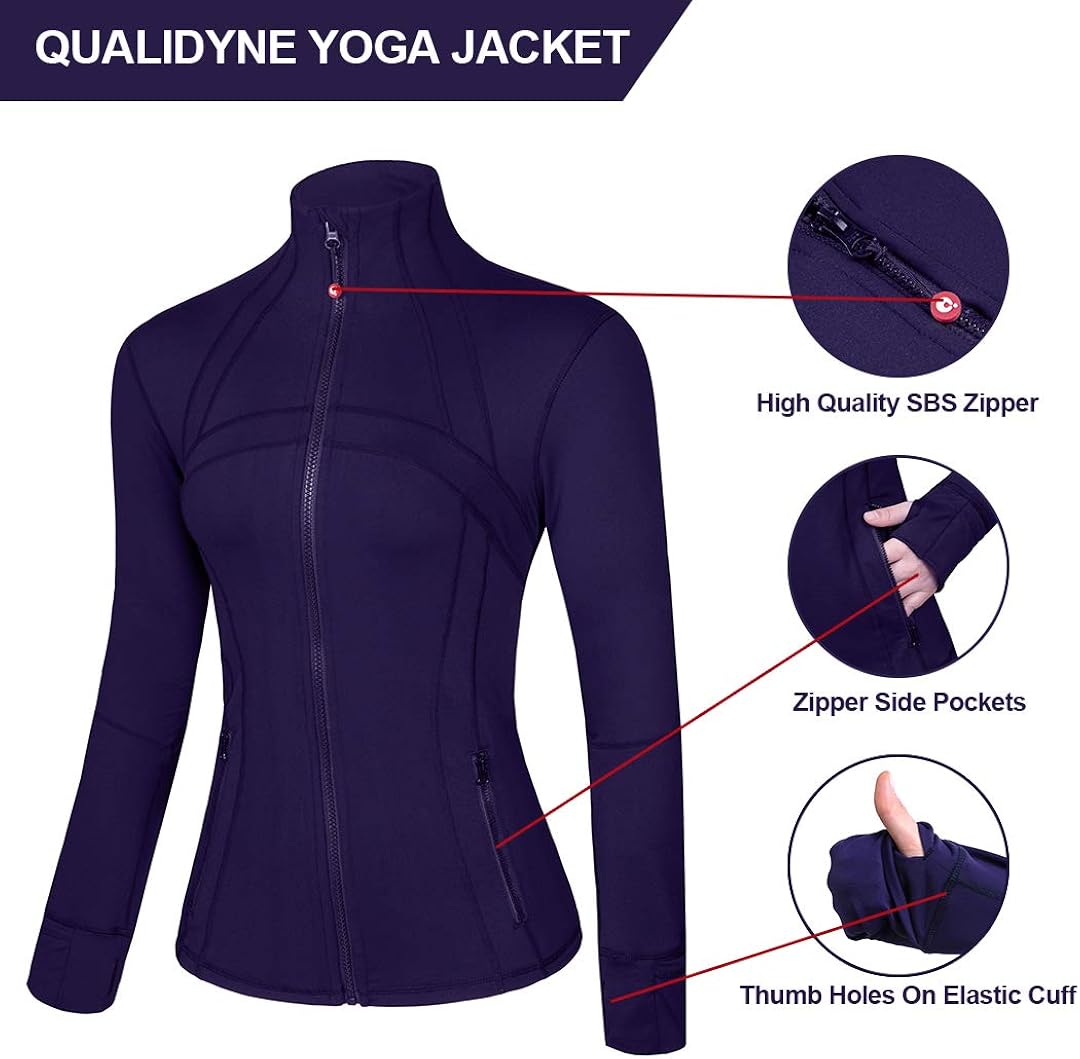 qualidyne Womens Sports Running Yoga Jacket Slim Fit Full Zip Track Jacket Turtleneck Workout Jacket: Clothing