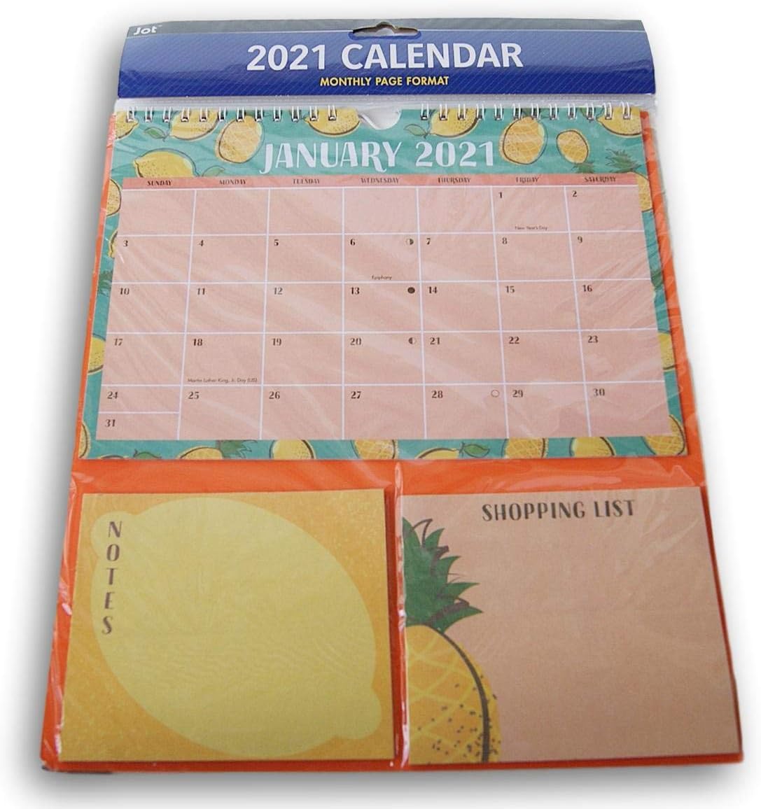 Colorful Patterned Monthly Spiral Wall Calendar 2021 with Two Sticky Note Pads (Tropical Fruits)