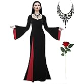 Brikabia Morticia Addams Halloween Costume Women Gothic Velvet Long Black Dress with Lace Necklace Rose Cosplay Party Outfit