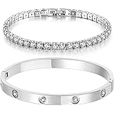 18K Gold Plated Dainty Tennis Bracelets Set 4mm/6mm Love Bangle Bracelets with 3mm/4mm Cubic Zirconia Classic Tennis Bracelet| Gold Bracelets for Women | Size 6.5/7/7.5 Inch