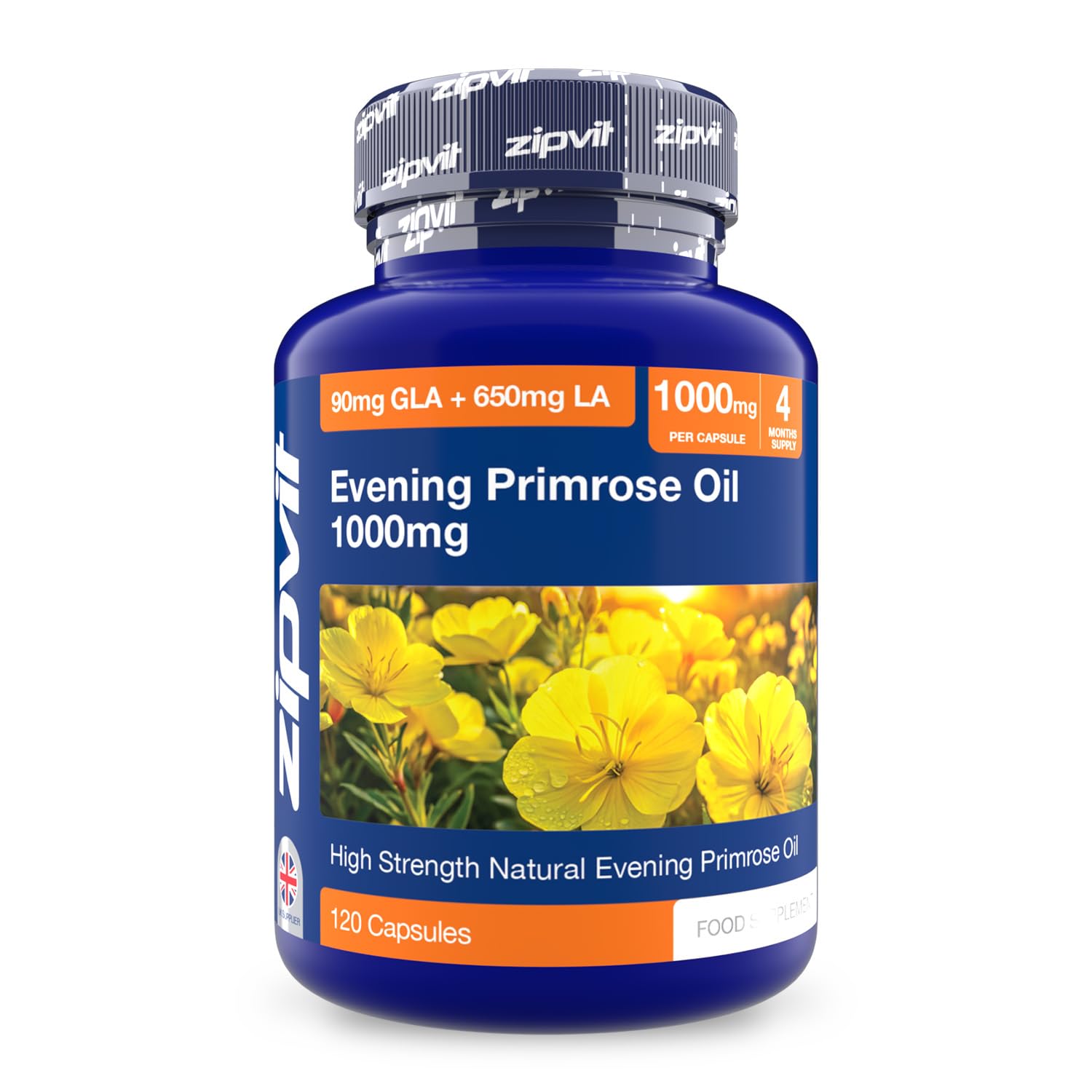 Zipvit Evening Primrose Oil 1000mg Per Capsule, High Strength Omega 6 GLA & LA, Cold Pressed, 120 Softgel Capsules, 4 Months Supply