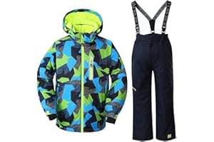 Big Boy's 2-Piece Ski Jacket and Pants Thicken Warm Hooded Snowsuit Waterproof Ski Jacket Snowbib Set