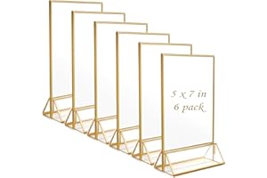 DESONAUT 6 Pack Acrylic Sign Holder 5 x 7 Inchs, Double Sided Gold Picture Frame Stand up Table Top Sign Holders, Clear Display Stand Menu Flyer Holder for Wedding Party