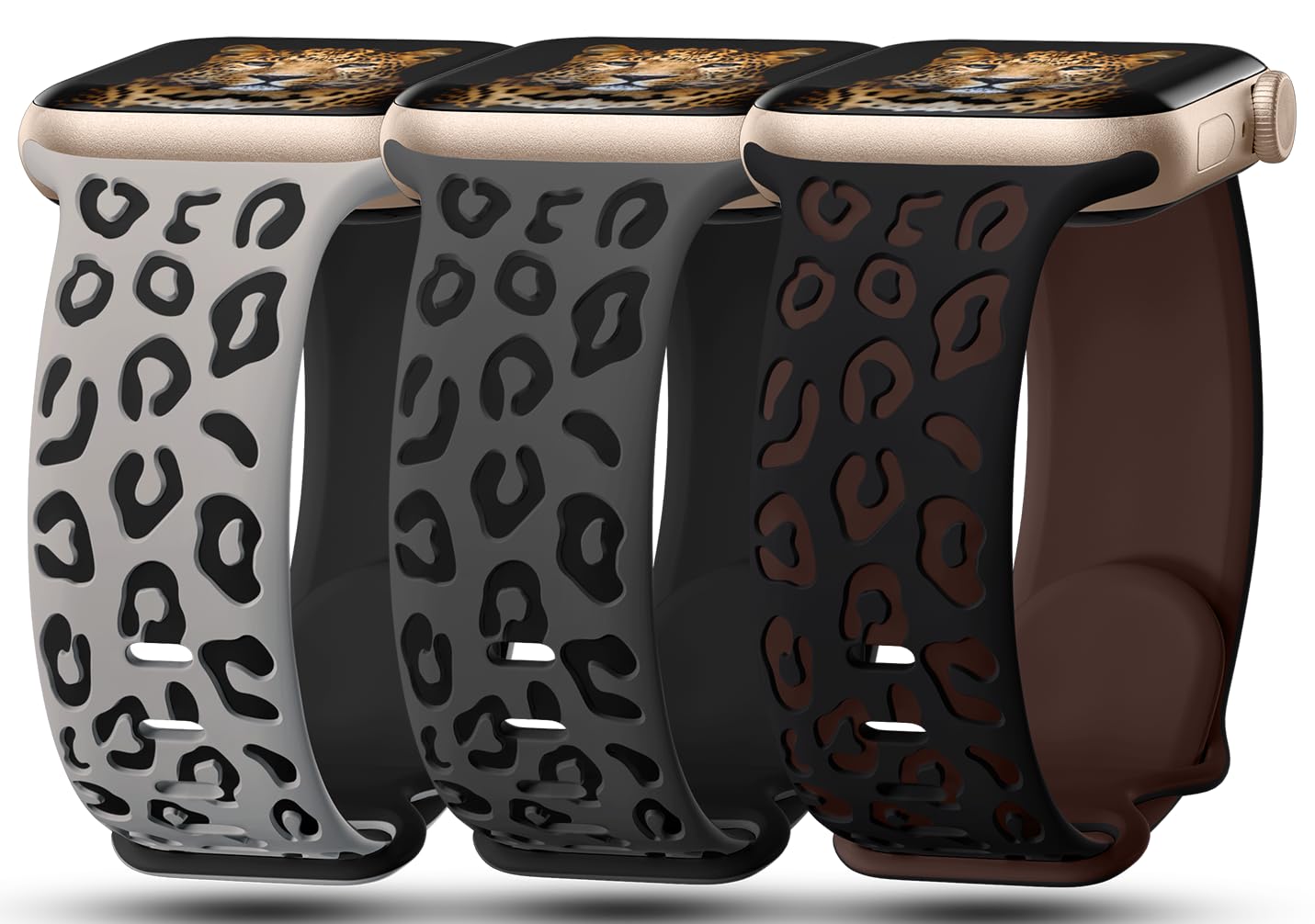 Photo 1 of 3 Pack Leopard Engraved Bands Compatible with Apple Watch Band 41mm 40mm 38mm Women, Soft Silicone Cheetah Embossed Sport Strap for iWatch Series 10 9 8 7 6 5 4 3 2 1 Ultra.CF-DG-GRBK