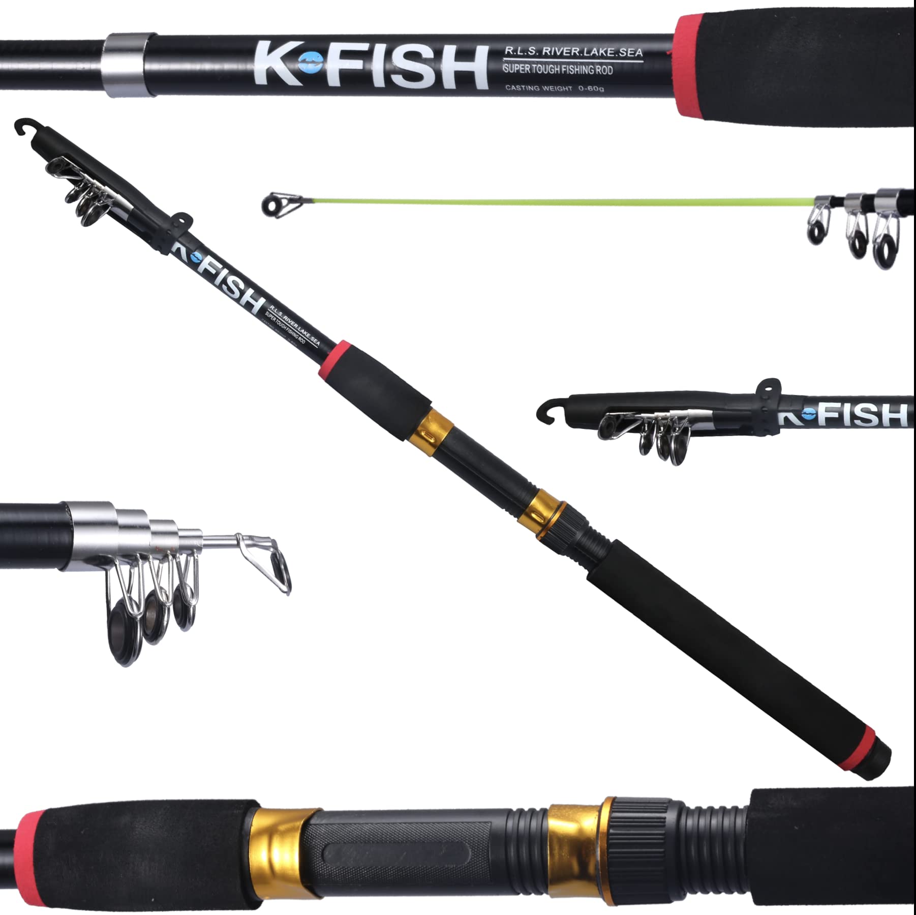 Rigged and Ready K-Fish Telescopic Fishing Rod Spinning Pole. 6’ 11” (2.1m) tele rod kit + Fish Guide. Saltwater freshwater fishing. Carp Bass Coarse Game Spin fish pole