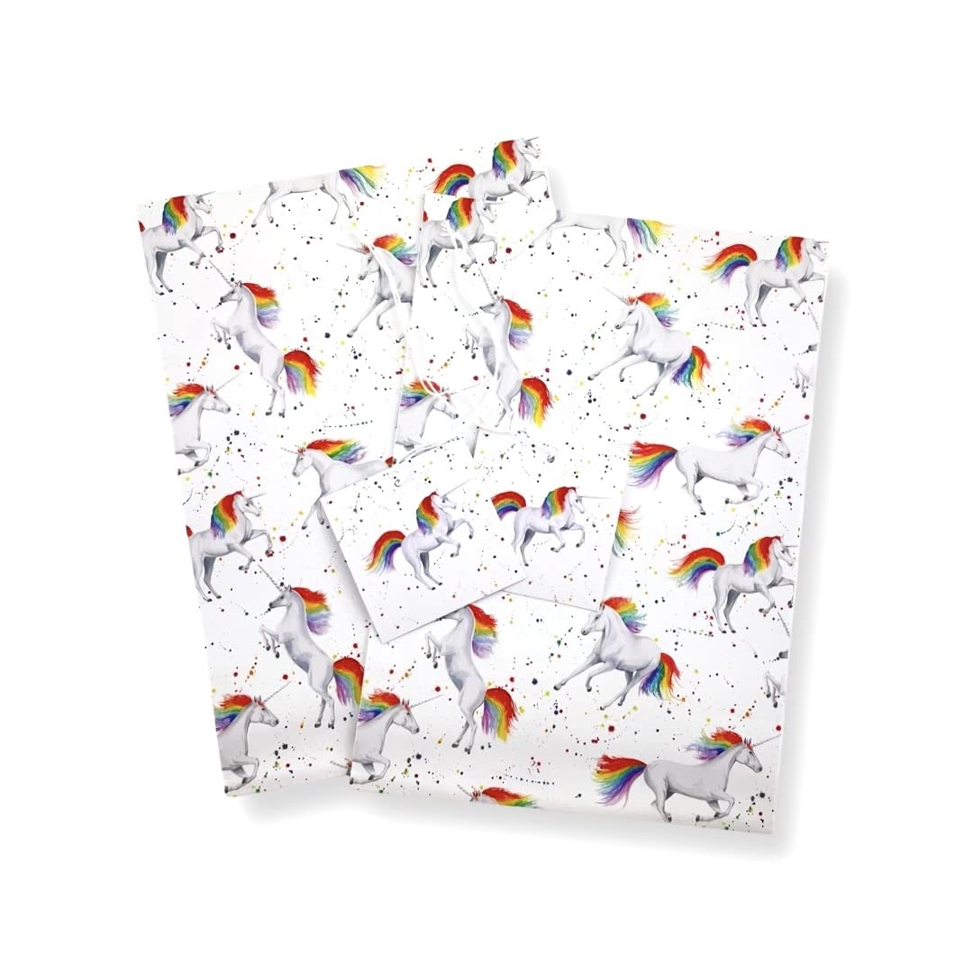 Unicorn Rainbow Gift wrapping paper; 2 sheets of wrap and 2 tags - birthday gift wrap for her - present for girls- arts and crafts projects