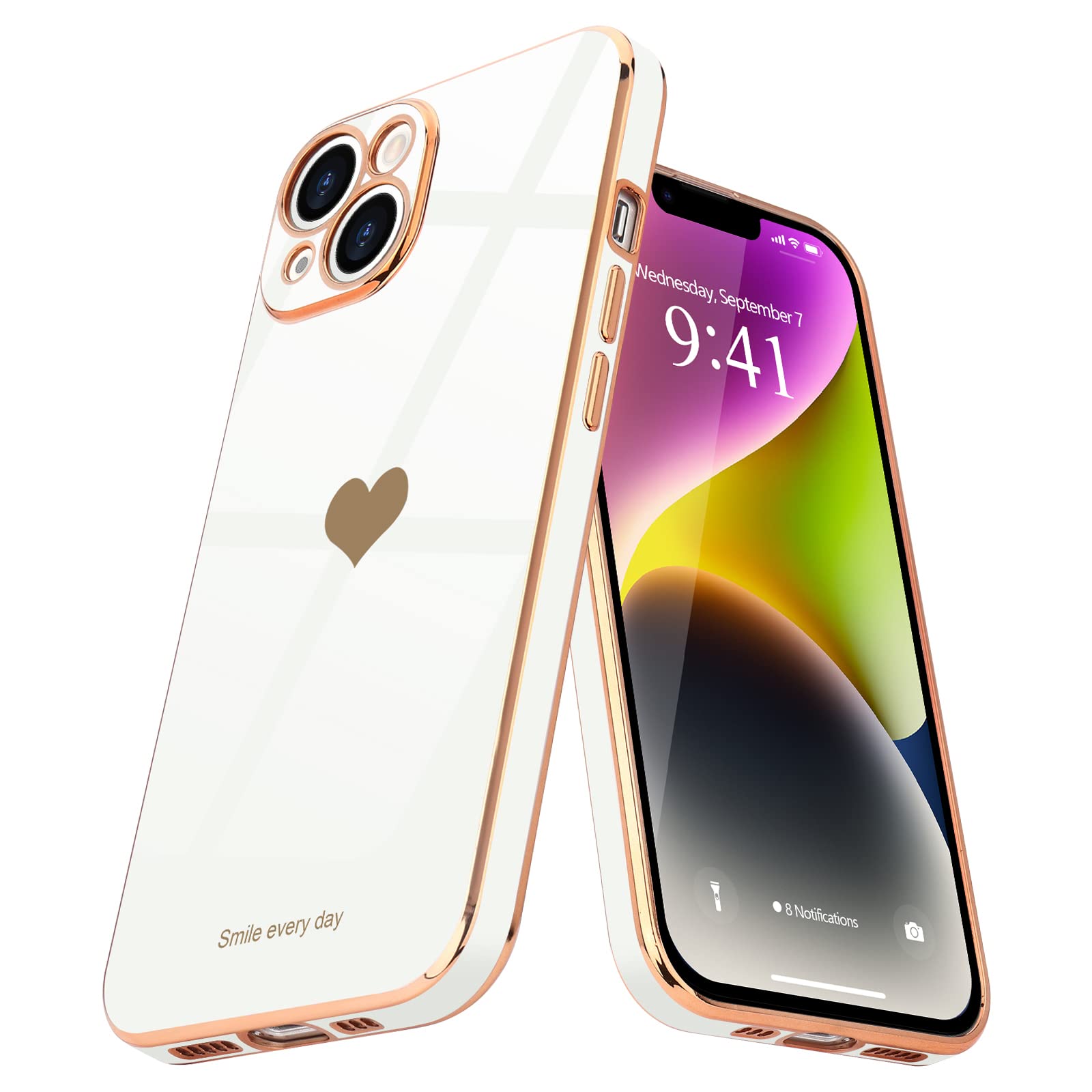 Teageo for iPhone 14 Case Cute Heart Pattern for Women Girls Slim Luxury Bling Plating Soft TPU Anti-Scratch Shockproof Bumper Phone Case for iPhone 14, White โ image 1