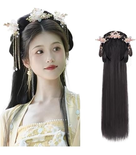 Peluca Antigua China For Mujer, Pelucas Hanfu, Tocado, Accesorio De Baile For Fotografía, Pelucas Negras For Mujer, Moño De Pelo Integrado (Color : 22.81