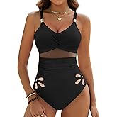 Dridreo Women Tummy Control One Piece Swimsuit Petal Cutout with Inner Liner Bathing Suit Mesh Metal Swimwear