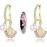 Crymystal Handmade Ginkgo Maple Leaf Dangle Earrings for Women Vintage Pearl Drop Earrings Gold Crystal Dangle Earrings Drop Maple Leaf Stud Earrings Jewelry for Girls Gifts