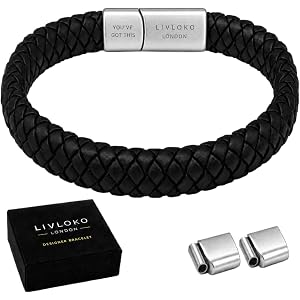 LIVLOKO LONDON Mens Braided Leather Bracelet for Men, Adjustable Stainless Steel Clasp Wrist Bracelet, Motivational Meaningfu