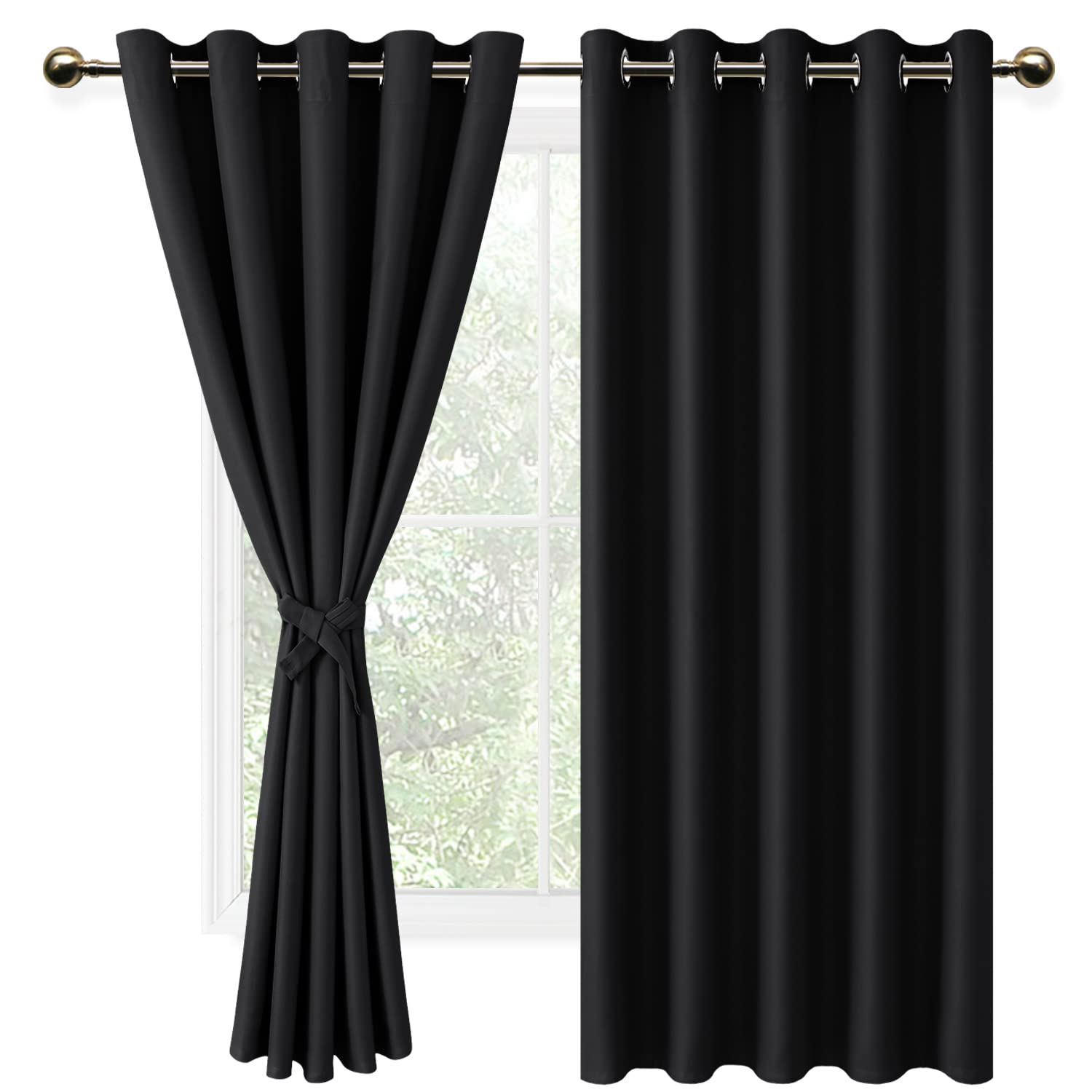 DWCN Black Blackout Curtains with Tiebacks for Bedroom Thermal Insulated Solid Eyelet Curtains for Living Room,2 Panels,66" Wide x 54" Drop