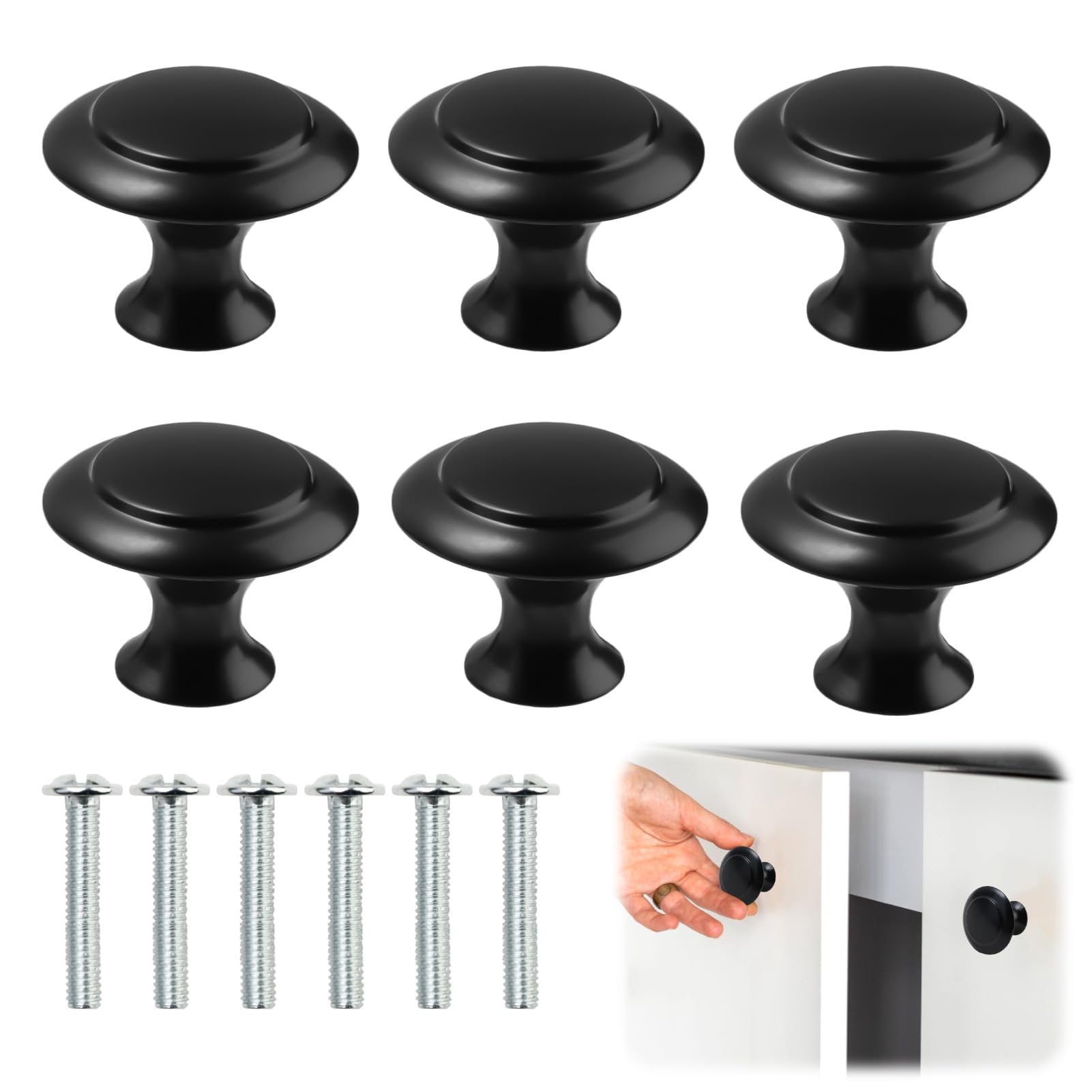 Gments 6 Pack Cupboard Door Knobs Round Mushroom Single Hole Drawer Zinc Alloy Handles Knob with Screws for Home Kitchen Wardrobe Cabinet Drawer Bathroom Garage Office Door Knobs (6, Black)