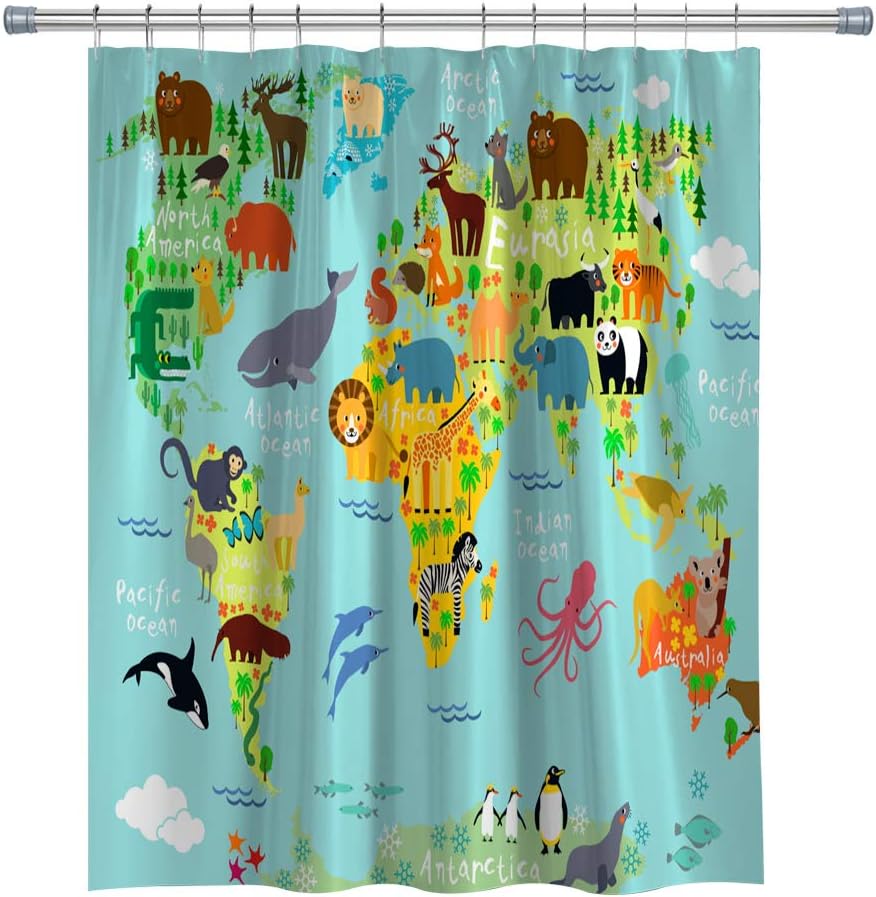 GOODCARE Bathroom Shower Curtain with 12 Free Hooks World Map with Animal Machine Washable Waterproof Eco-Friendly Polyester Fabric, 71 x 71 inch