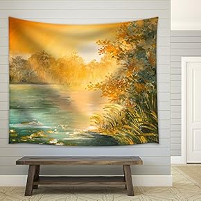 Oil Painting - Sunset on The Lake, Colorfull Art Drawing, Autumn, Yellow - Fabric Wall Tapestry Home Decor - 51x60 inches