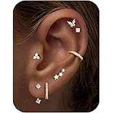 M MOOHAM Hypoallergenic Earring Jacket Stacks - 7 Pairs 14K Gold Plated Flat Back Earrings Dainty Huggie Hoop Cartilage Helix Earring Jacket, Fashion Accessories Western Jewelry Gifts