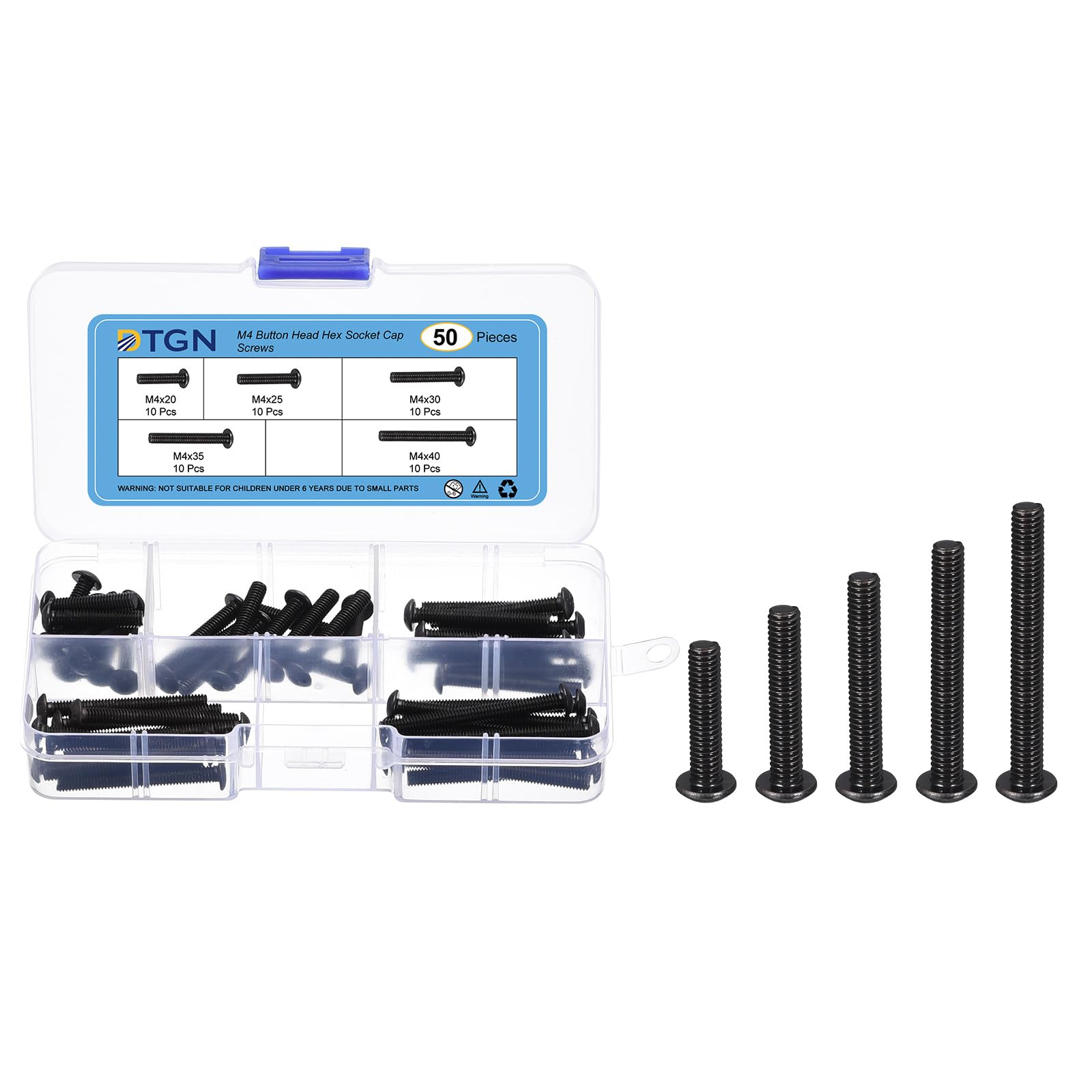 DTGN 50Pcs M4 Button Head Socket Cap Screws Kit - 20/25/30/35/40mm Carbon Steel Black Oxide Full Thread Hex Socket Cap Screw Assortment - Good for Machine, Furniture Repairing