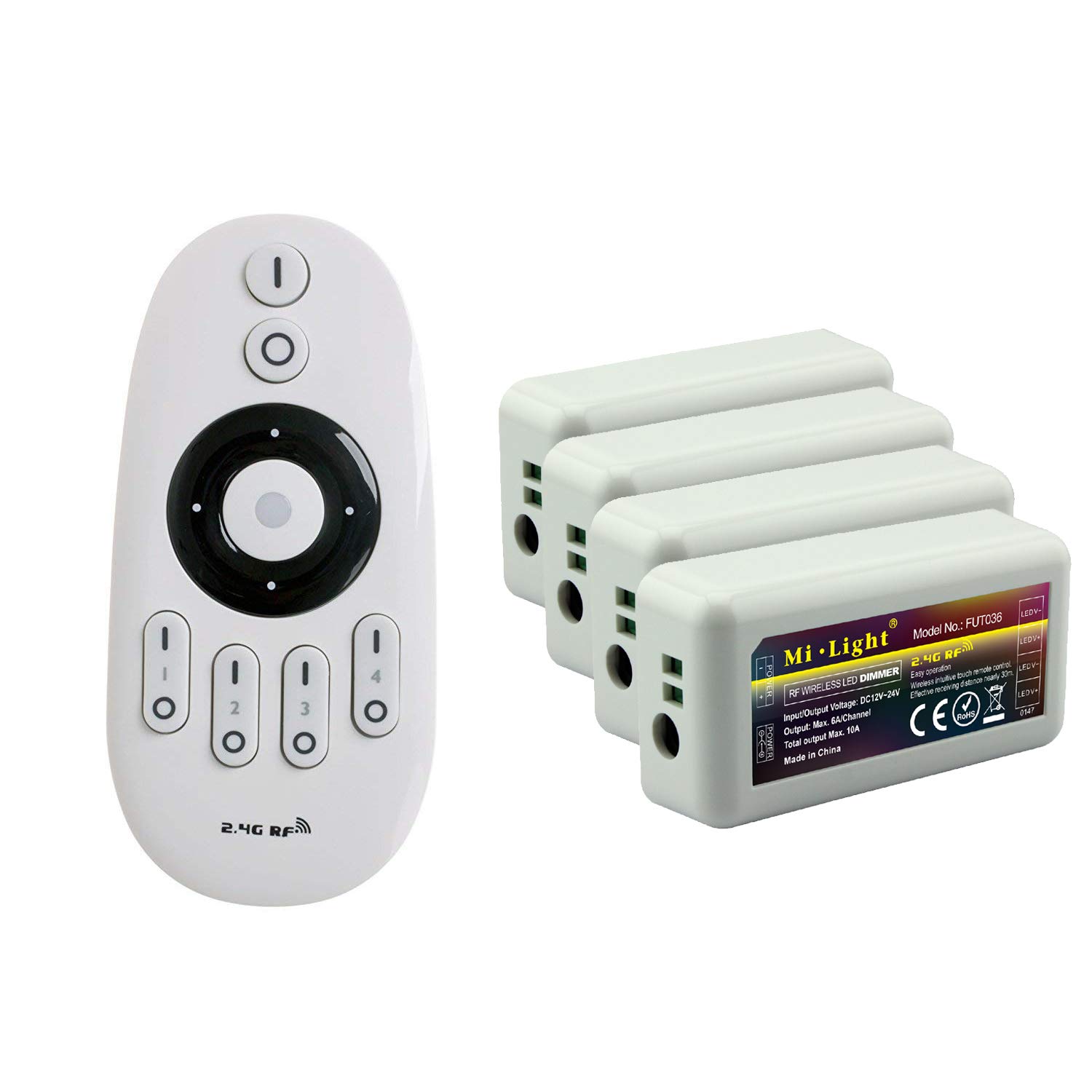 LIGHTEU®, Milight Miboxer Remote Control Kit: pack of 4x single color dimmer Controllers with 1 x RF Wireless 4-Zone remote 4x fut036 + fut007