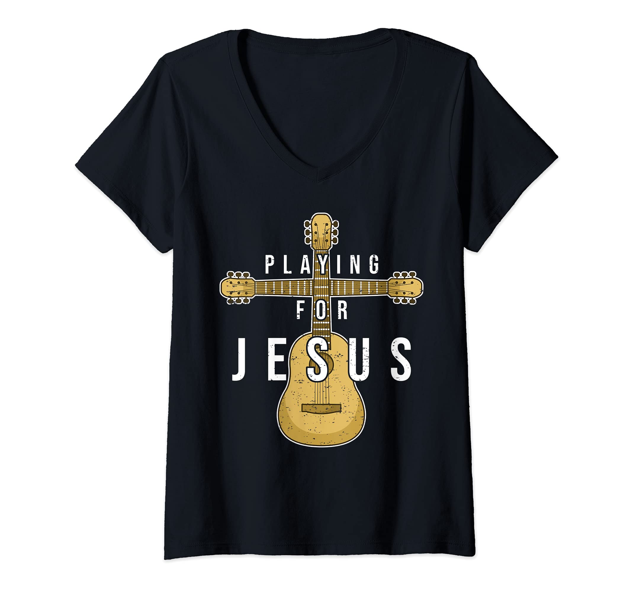 Womens Christian Music Guitar Player Jesus Guitarist Crucifix V-Neck T-Shirt