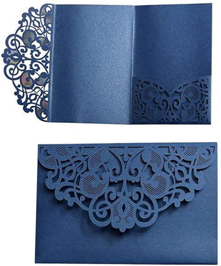 Wedding Invitation Cards, 10 pcs Laser Cut Floral Design Invites Pocket for Engagement Parties, Bridal Showers, Includes Covers, Blank Inserts (Envelope Not Included) (Navy Blue)