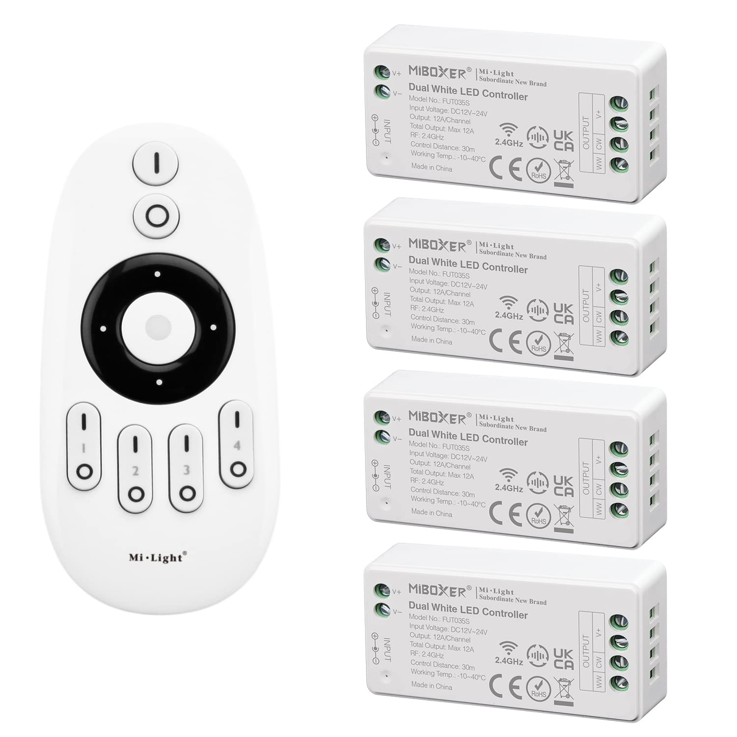 lighteu Milight Miboxer Remote Control Kit: Pack of 4X Dual Temperature(Warm White to Cold White) Controller 1 x RF Wireless 4-Zone Remote 4X fut035S + fut007