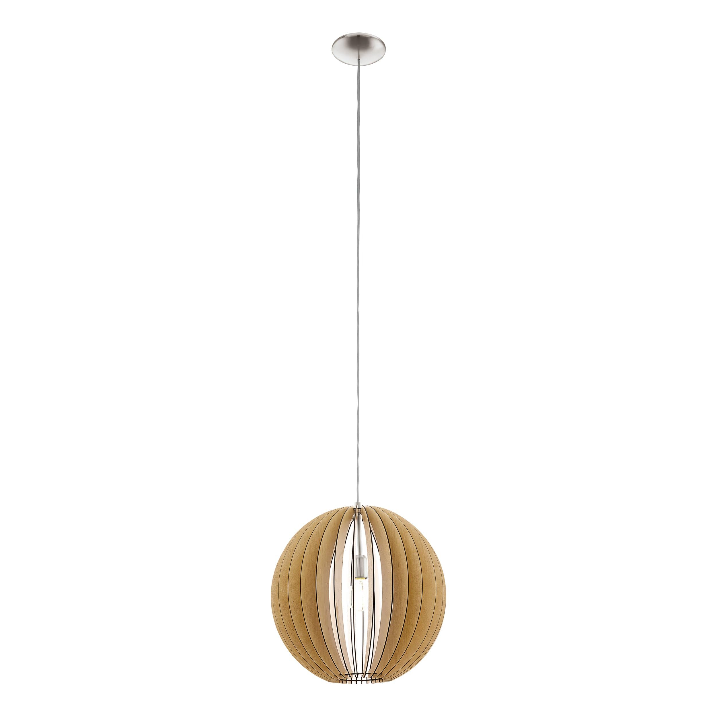 EGLO Cossano Pendant Light, 1-Bulb Vintage Pendant Light Made of Steel and Wood in Nickel Matt, Maple, Dining Table Lamp, Living Room Lamp Hanging with E27 Socket, Diameter 50 cm