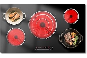 36 Inch Electirc Cooktop with 5 Burner, Nefaracy 9200W Electric Stove with Slide Control, 220V Built-in Ceramic Cooktop, Extended Zone, Timer & Safety Lock, 9 Heating Levels, Hard Wire